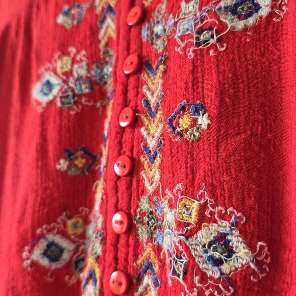 Free People Arianna Embroidered Tunic Red Boho Peasant Top Button Front Size L - Picture 14 of 14